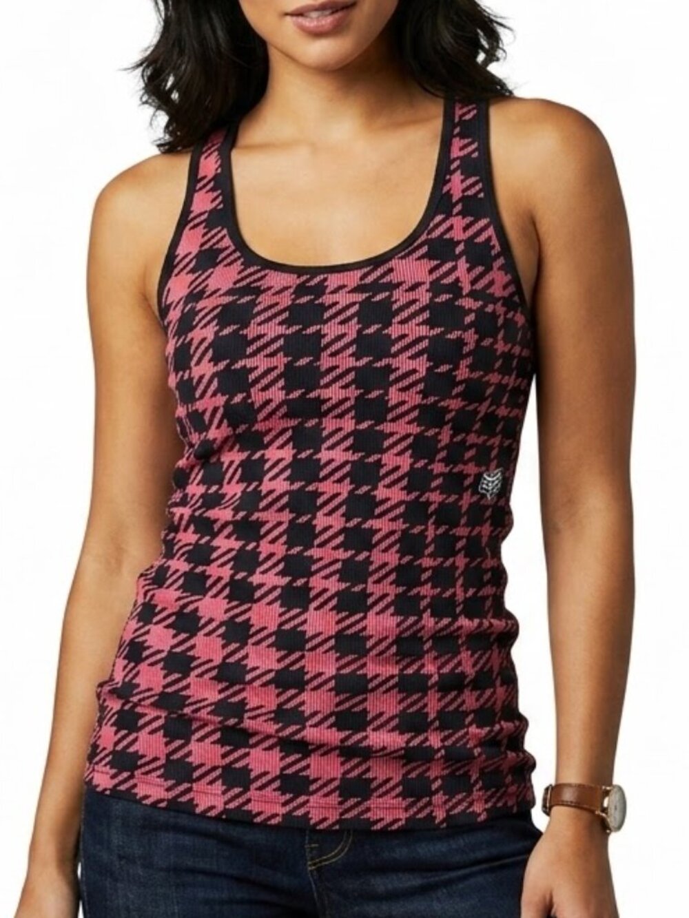 Fox Racing Y2K McBling Pink Black Houndstooth Ribbed Tank Top Women L